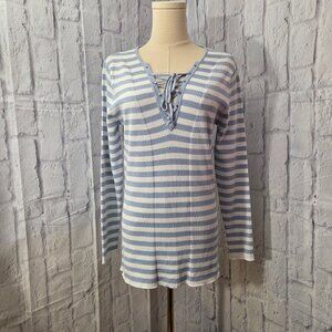 Cato Stretch Large Sky Blue White Stripe Lace Up V Neck Long Sleeve Top NWT